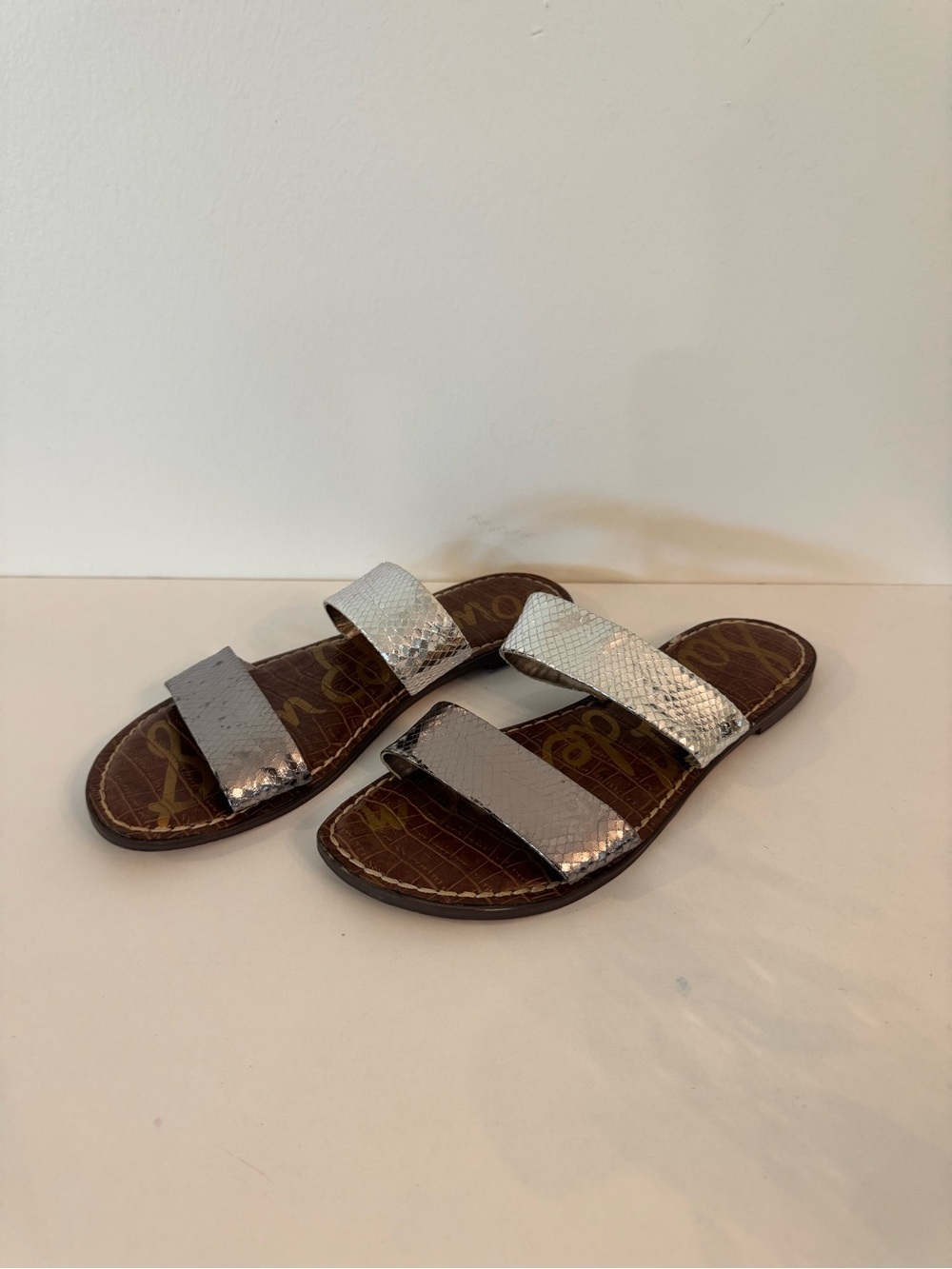 Sam Edelman Silver Double-Strap Snake-Embossed Slide Sandals